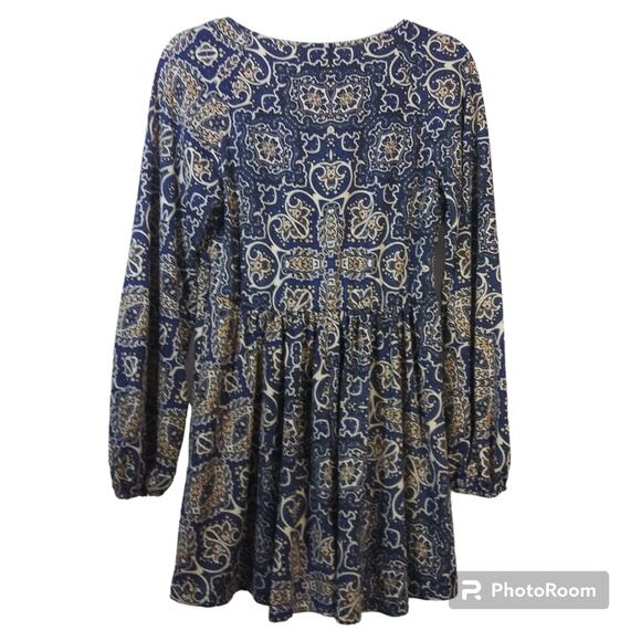 Melloday Boho Mini Dress Long Sleeve Blue Print V-Neck Size Small - Picture 2 of 9